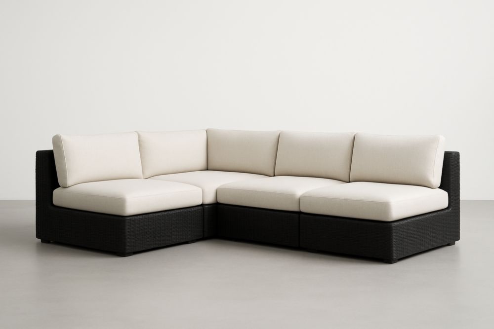 Divano angolare modulare in rattan sintetico e tessuto bianco crema-Placelayouts