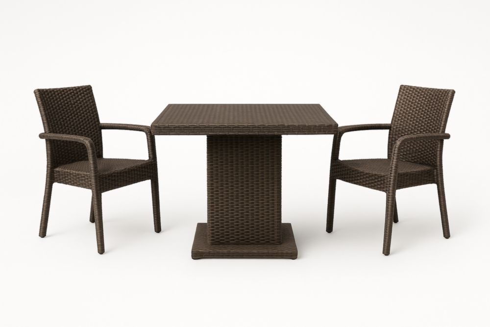 Set tavolo quadrato e 2 sedie in rattan sintetico marrone-Decorstaya