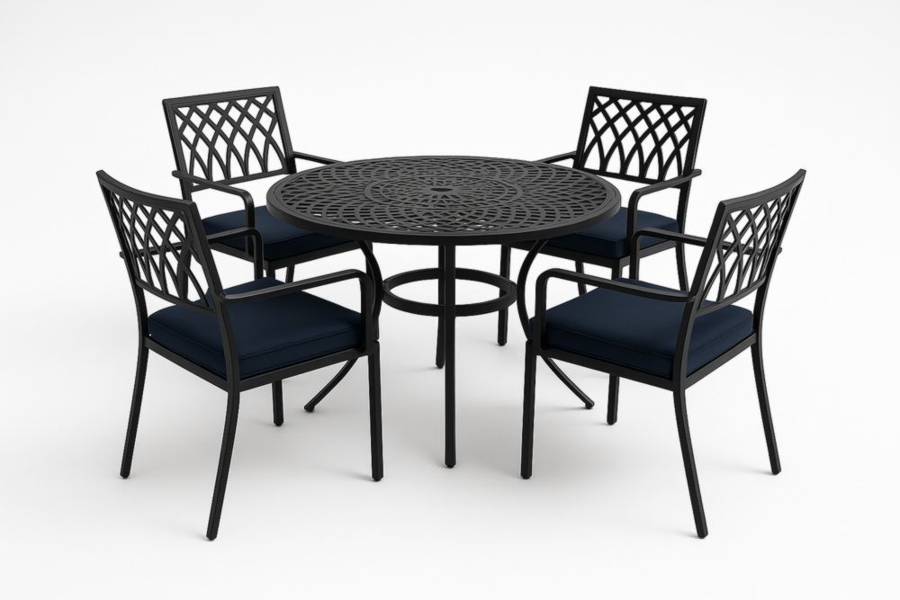 Set Tavolo Rotondo e 4 Sedie da Esterno in Alluminio con Cuscini Blu-Decorstaya