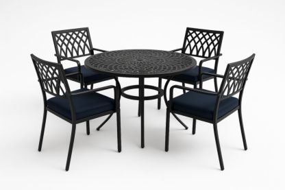 Set Tavolo Rotondo e 4 Sedie da Esterno in Alluminio con Cuscini Blu-Decorstaya