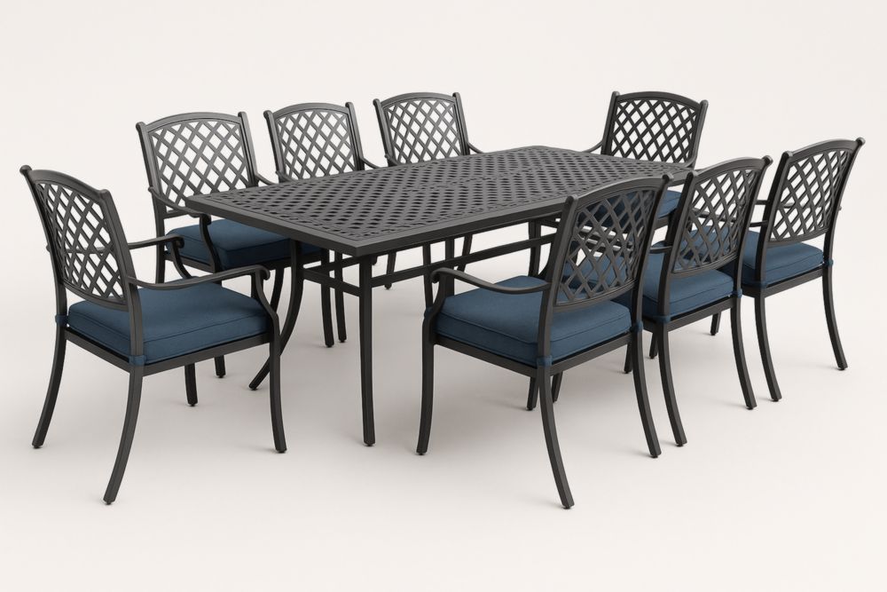 Set tavolo rettangolare in alluminio con 8 sedie con cuscini blu per esterni-Decorstaya