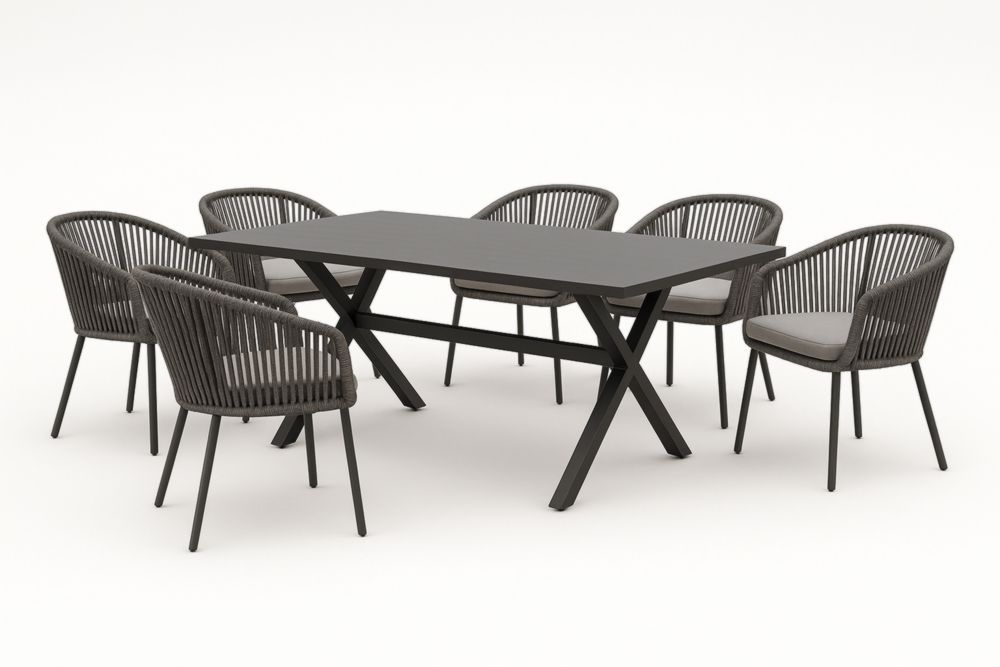 Set da Pranzo Esterno 7 Pezzi in Alluminio e Corda Grigio-Decorstaya