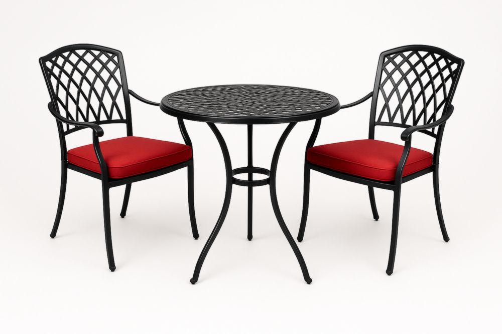 Set giardino in alluminio nero con cuscini rossi, tavolo rotondo e 2 sedie-Decorstaya
