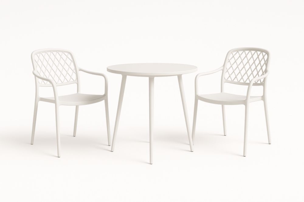 Set tavolo e sedie in plastica bianca, tavolo tondo, due sedie-Decorstaya