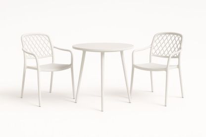 Set tavolo e sedie in plastica bianca, tavolo tondo, due sedie-Decorstaya