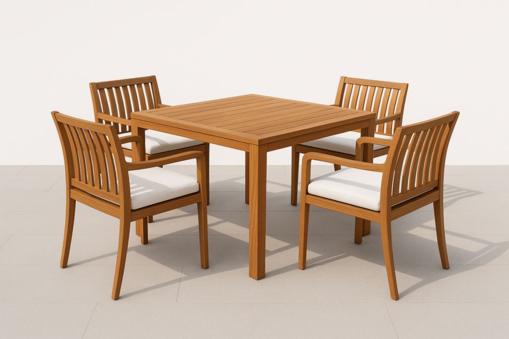 Set tavolo e sedie in legno di teak con cuscini bianchi-Decorstaya