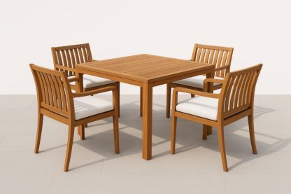 Set tavolo e sedie in legno di teak con cuscini bianchi-Decorstaya
