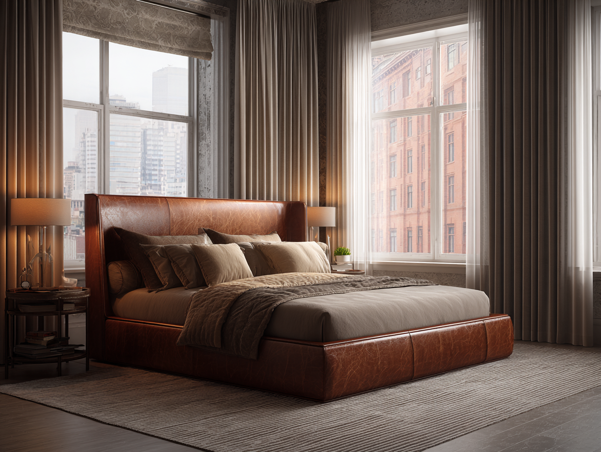 Camas dobles - Cuero-Madera - 218x176x122 cm - Marrón - Estilo sofisticado-Craftgetly