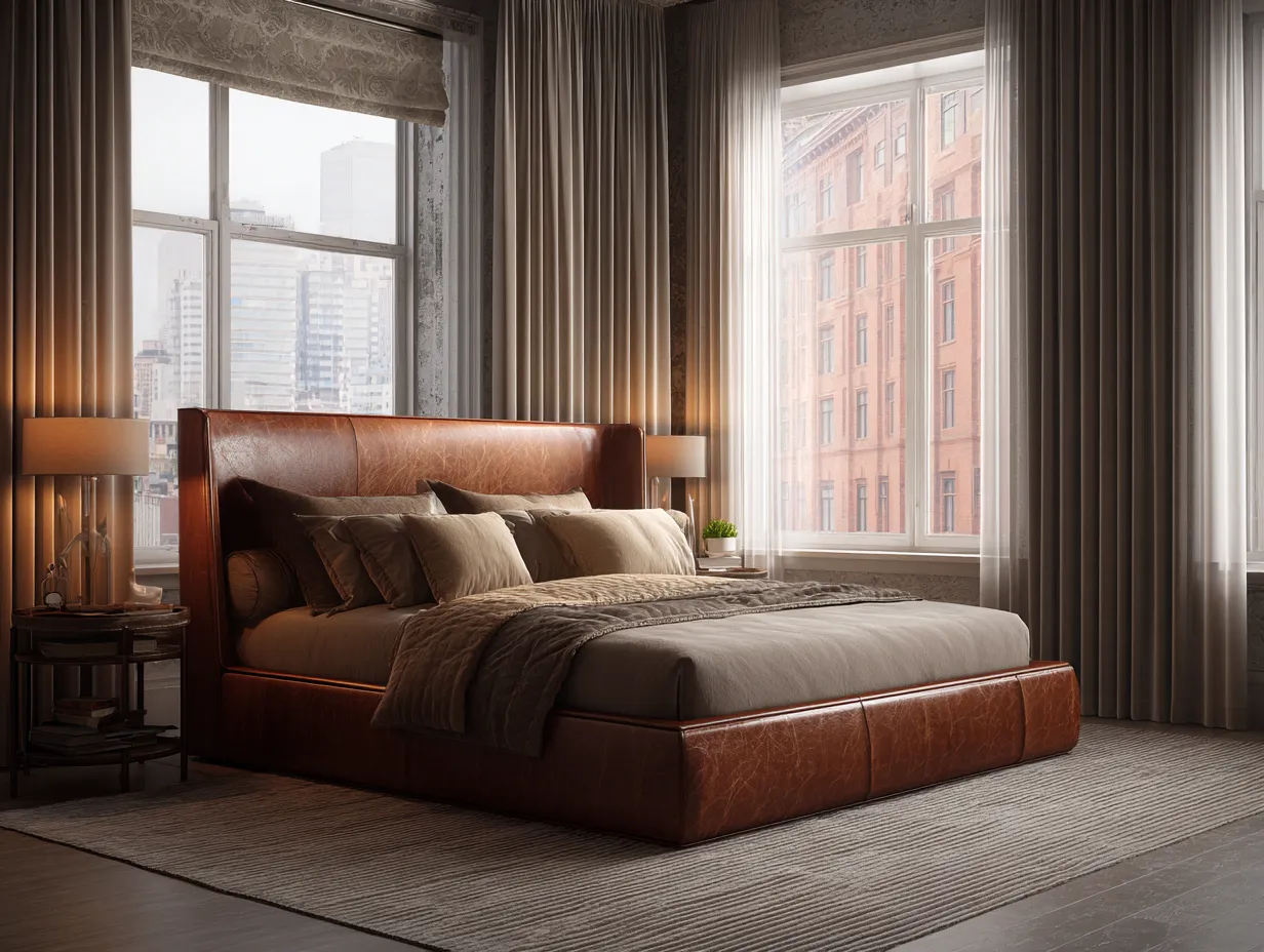 Camas dobles - Cuero-Madera - 218x176x122 cm - Marrón - Estilo sofisticado-Craftgetly