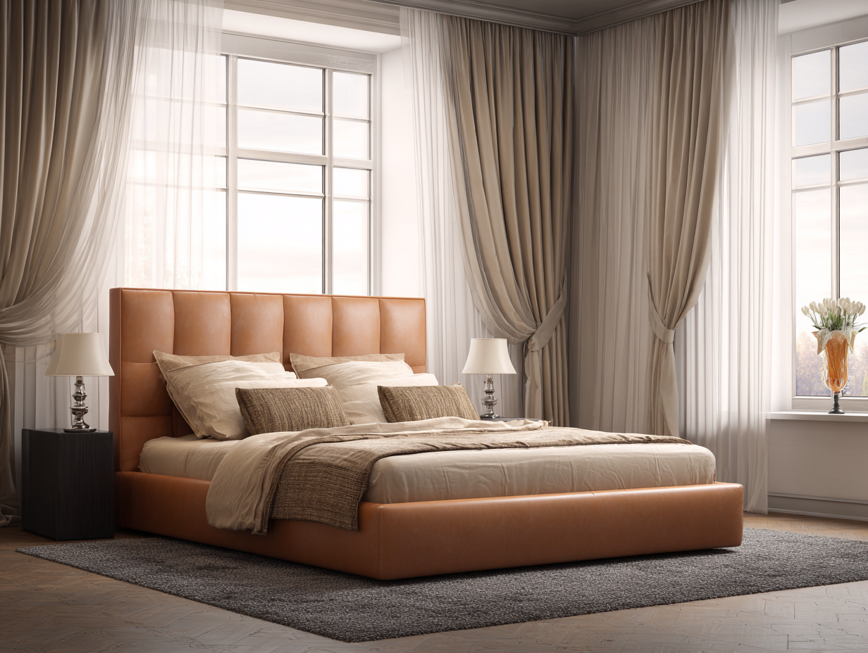 Camas dobles - Cuero-Madera - 216x174x120 cm - Marrón claro - Estilo elegante-Craftgetly