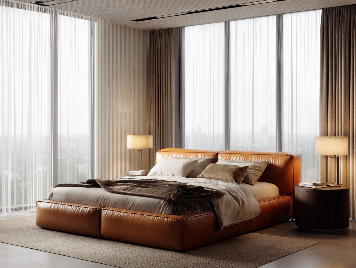 Camas dobles - Cuero-Madera - 220x178x116 cm - Marrón claro - Estilo moderno-Craftgetly