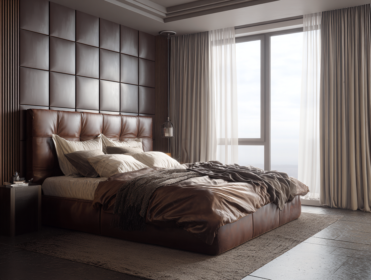 Camas dobles - Cuero-Madera - 214x172x118 cm - Marrón oscuro - Estilo contemporáneo-Craftgetly