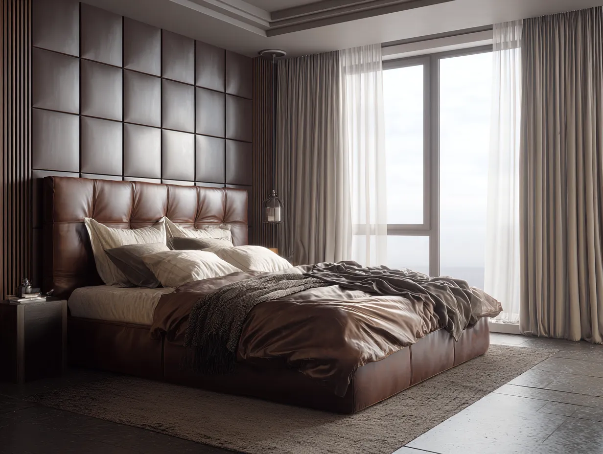 Camas dobles - Cuero-Madera - 214x172x118 cm - Marrón oscuro - Estilo contemporáneo-Craftgetly