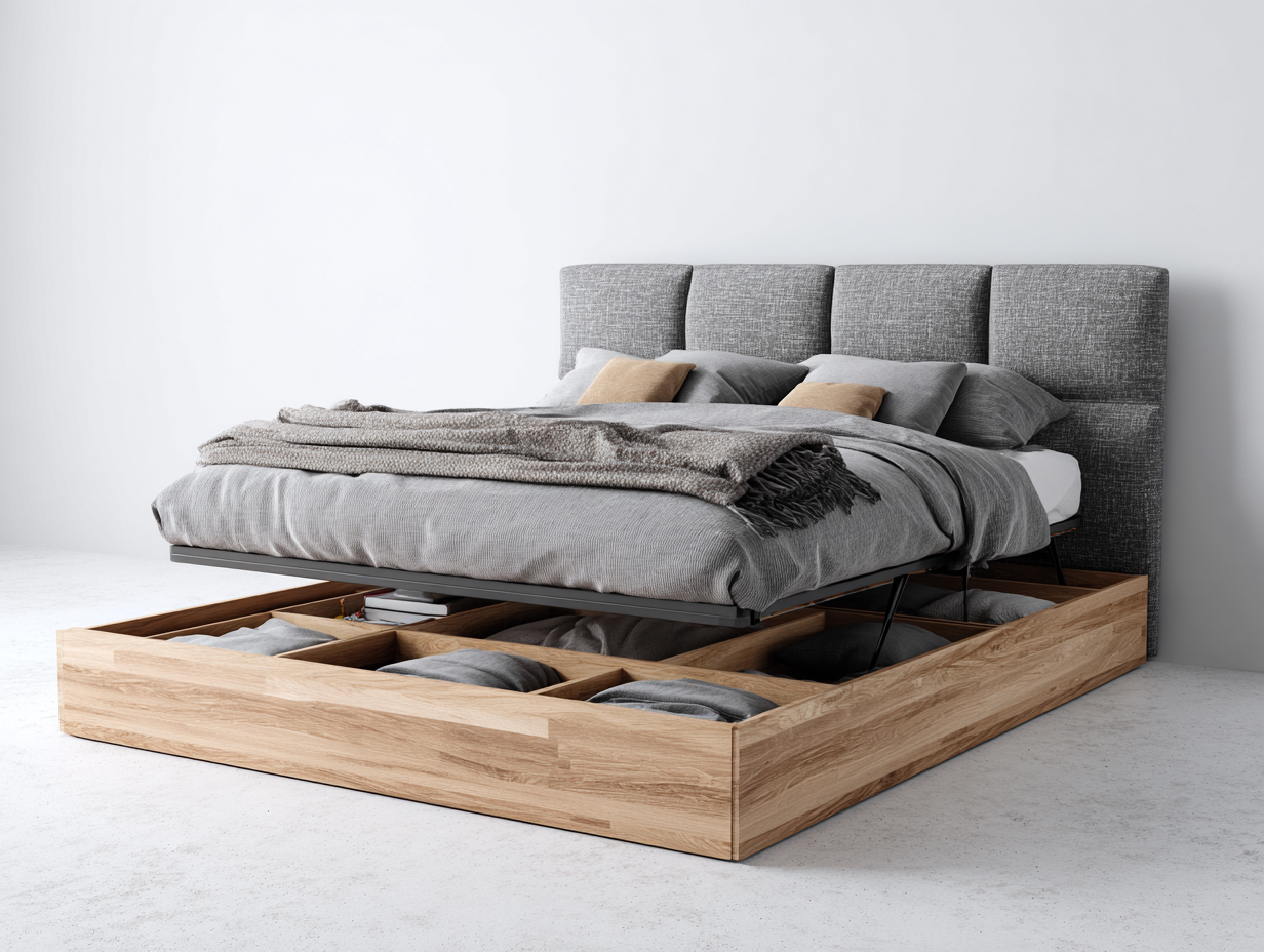 Letto matrimoniale con contenitore in legno e testiera imbottita 200x160x100 cm - grigio-marrone - design moderno con vano contenitore-Oakgetloft