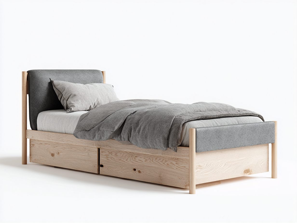 Letto singolo in legno e tessuto 200x90x100 cm - Grigio naturale - design moderno con cassetti-Oakgetloft