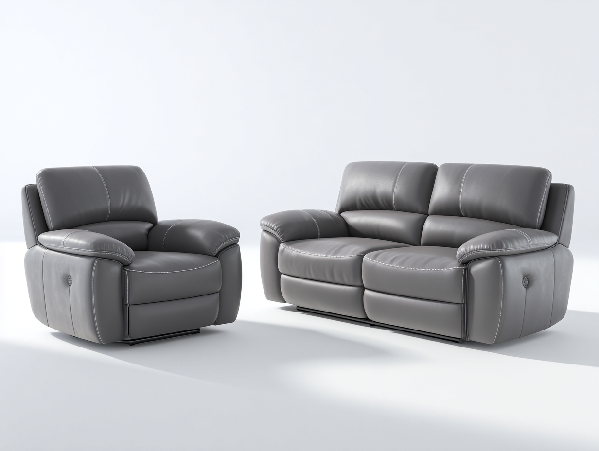 Set di divani reclinabili rivestimento in pelle 2 posti 170x95x100 cm e poltrona 95x95x100 cm - Grigio - Design moderno per soggiorno-Oakgetloft