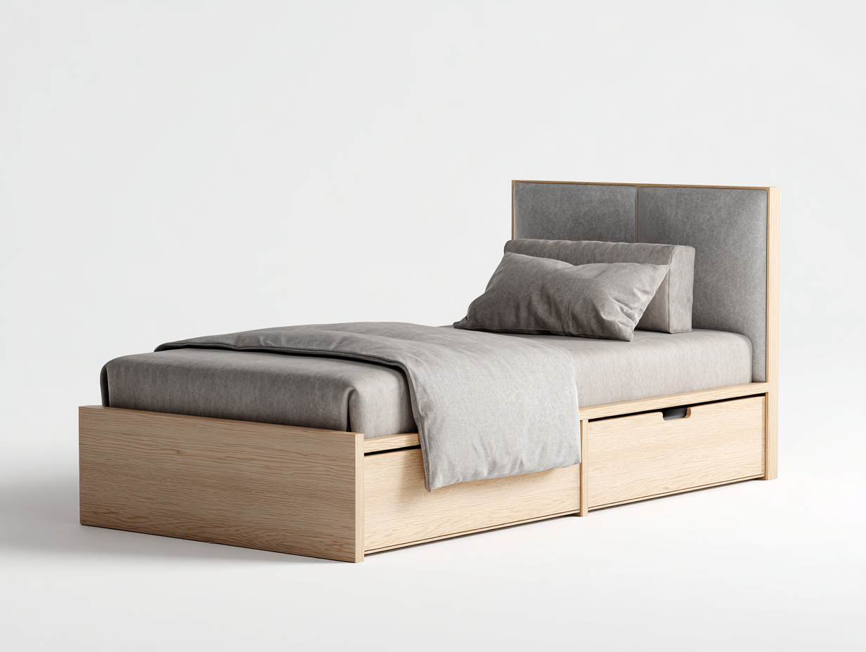 Letto singolo in legno con testiera imbottita e cassetti 200x90x95 cm - grigio-marrone - design moderno con spazio contenitore-Oakgetloft