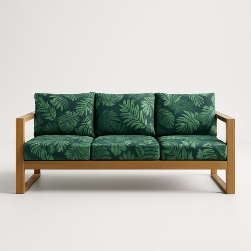 Canapé en bois de chêne avec coussins en polyester motif feuilles