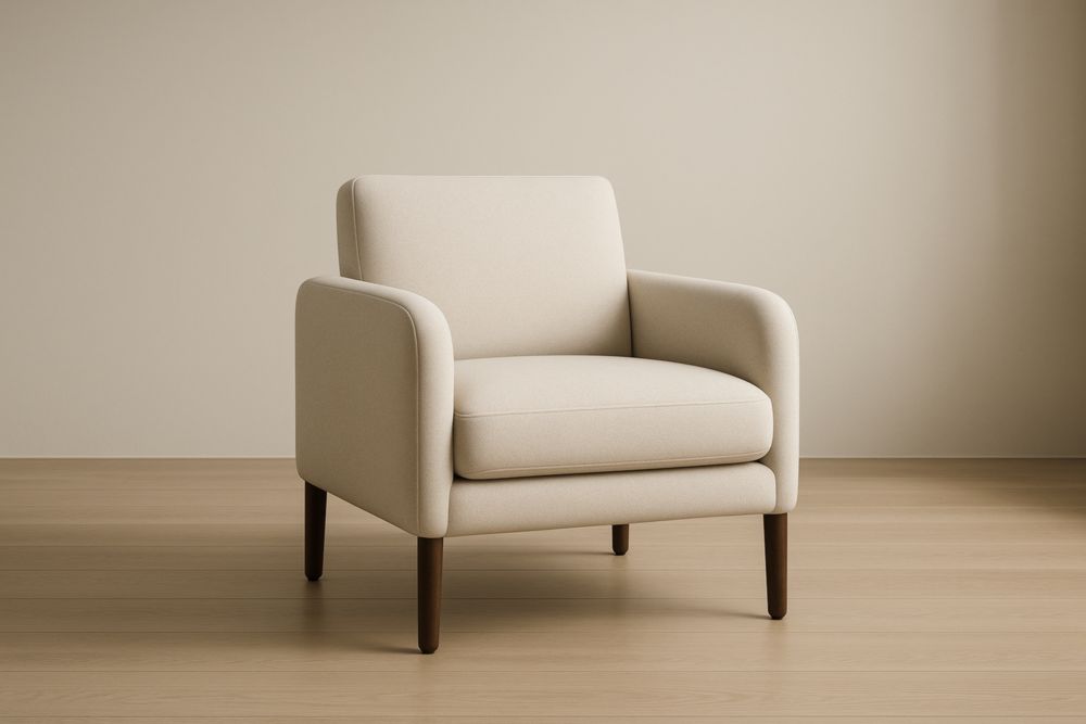 Fauteuil en tissu polyester beige avec pieds en bois massif