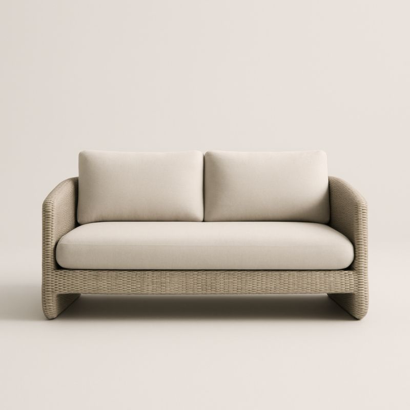 Canapé 2 places rotin polyéthylène coussins tissu beige 180x90x75 cm-