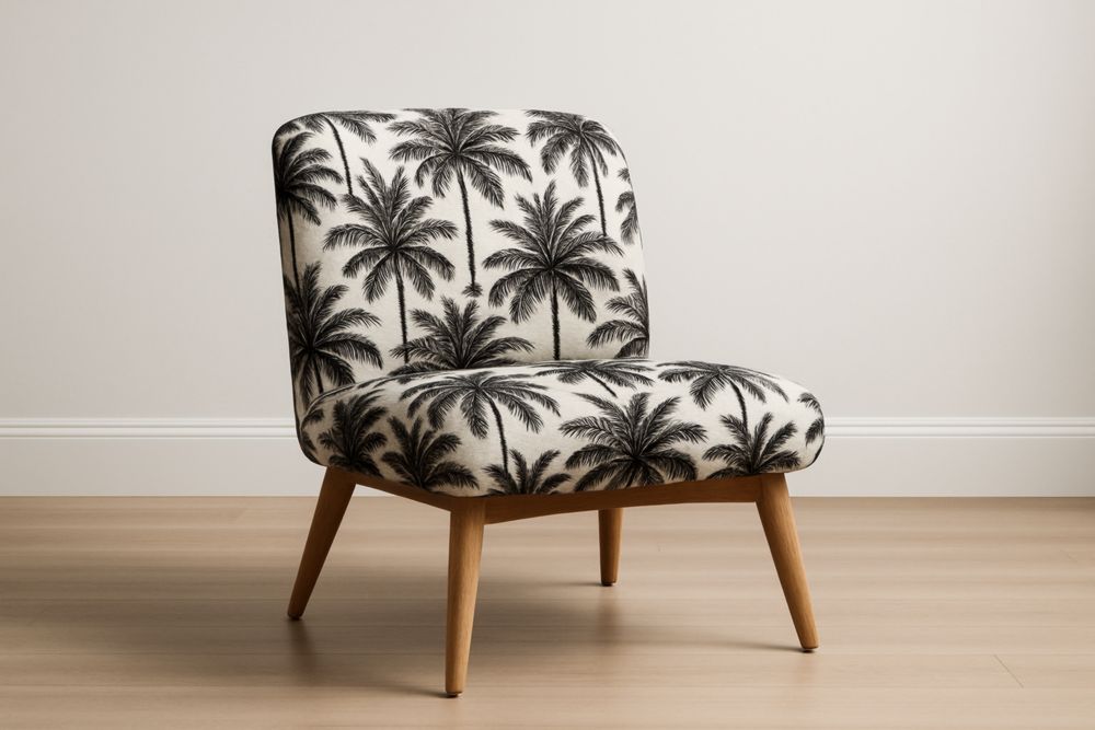 Fauteuil en Tissu Imprimé Palmier avec Structure en Bois