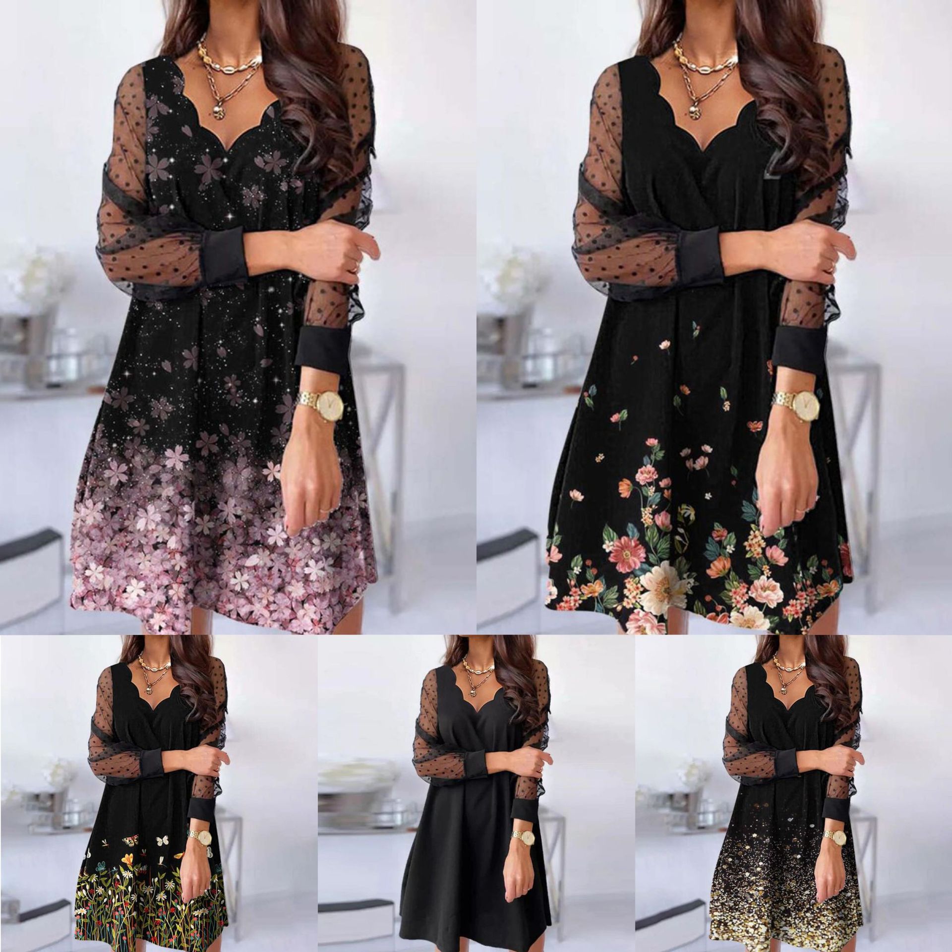 💖💖[S-5XL]🍁🍂Vysokokvalitné módne čipkované šaty s volánikovým výstrihom a dlhým rukávom