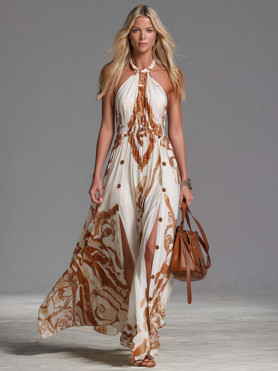 Sukienka maxi z szyfonu w kolorze ecru z dekoltem halter w stylu boho w kolorze brązowym i zachodnim