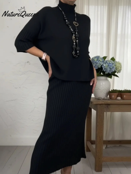 Елегантен комплект от две части: пуловер с висока яка и плетена пола