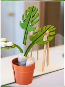 Декоративна кутия за баня с огледални листа Монстера – поставка за четки и паста за зъби