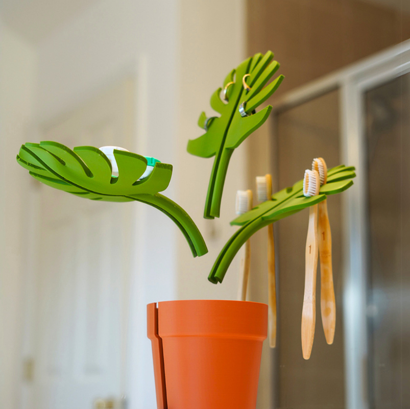Декоративна кутия за баня с огледални листа Монстера – поставка за четки и паста за зъби