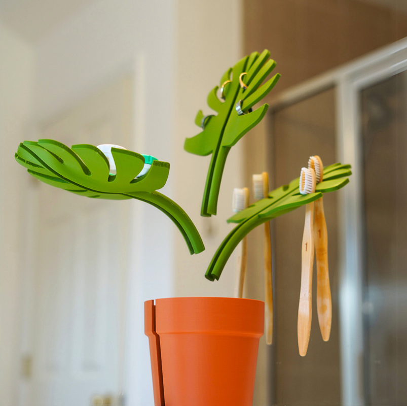 Декоративна кутия за баня с огледални листа Монстера – поставка за четки и паста за зъби