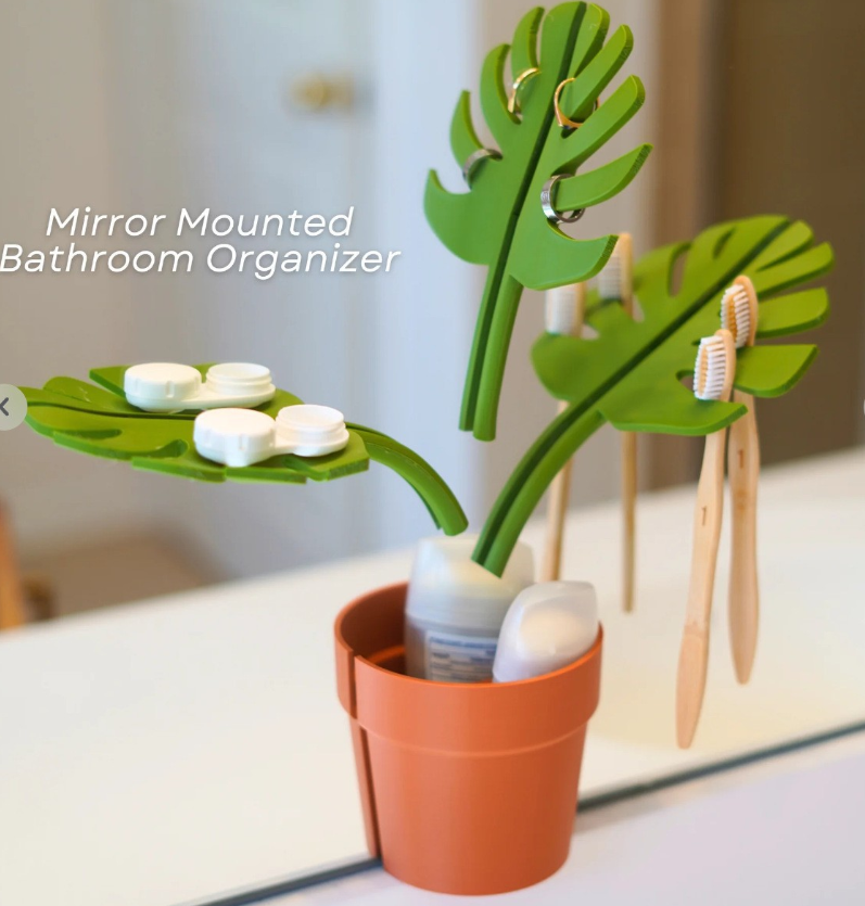 Декоративна кутия за баня с огледални листа Монстера – поставка за четки и паста за зъби