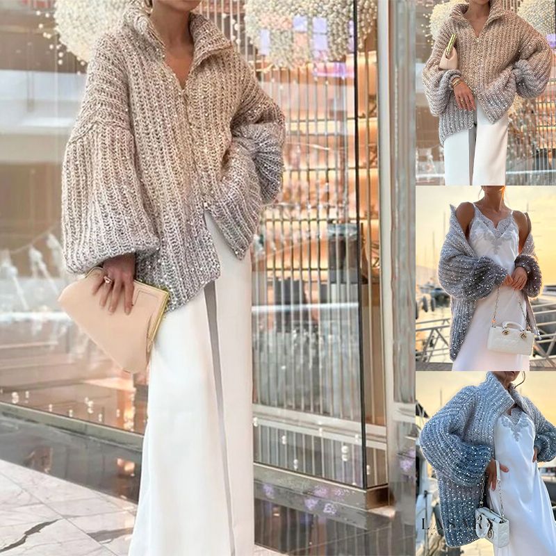 Modny damski sweter z zamkiem błyskawicznym z cekinami