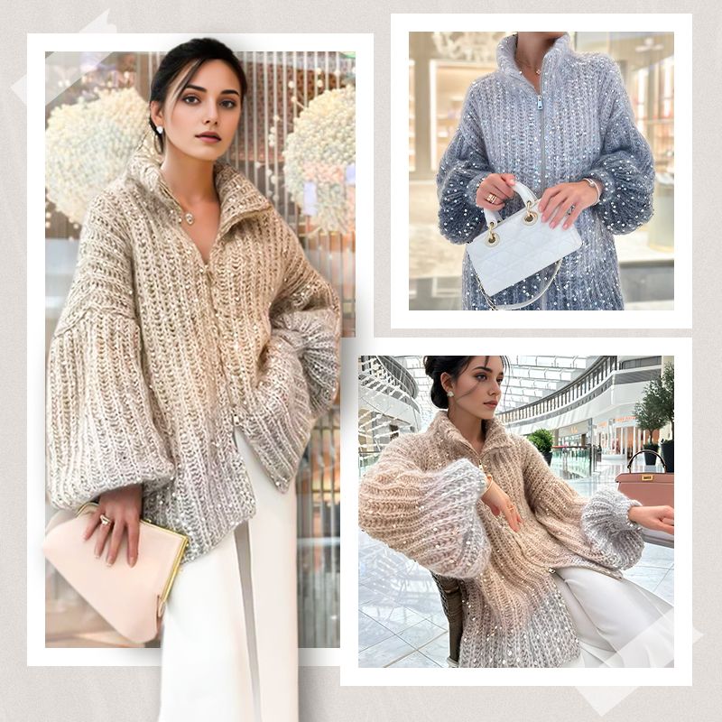 Modny damski sweter z zamkiem błyskawicznym z cekinami