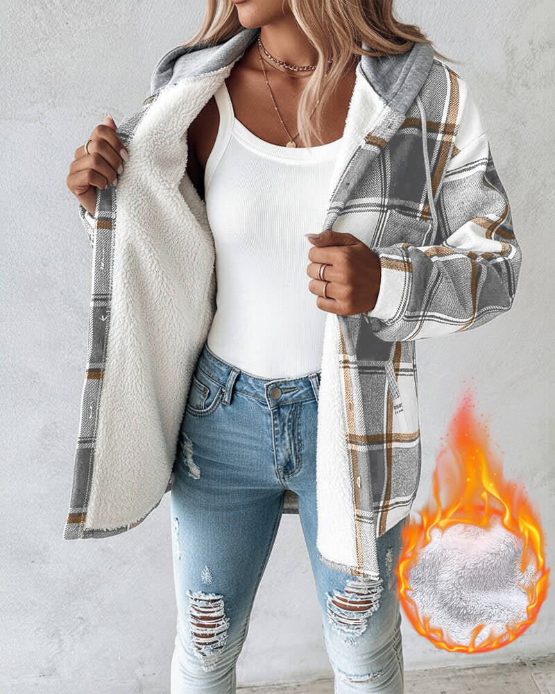 ✨Ciepła koszulowa kurtka w kratę z kapturem i polarem – zapinana na guziki