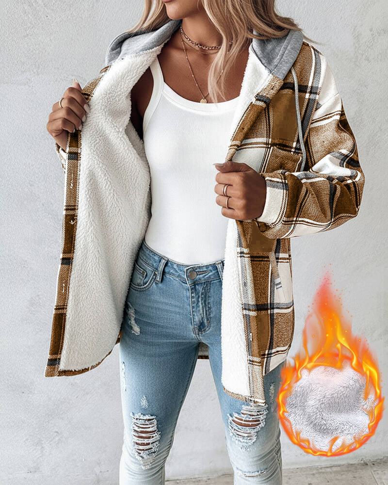 ✨Ciepła koszulowa kurtka w kratę z kapturem i polarem – zapinana na guziki