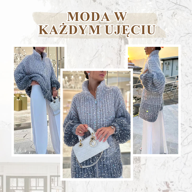 Modny damski sweter z zamkiem błyskawicznym z cekinami