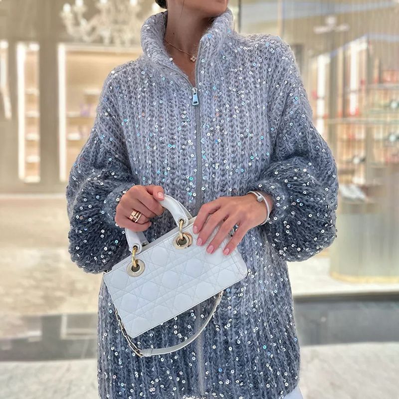 Modny damski sweter z zamkiem błyskawicznym z cekinami