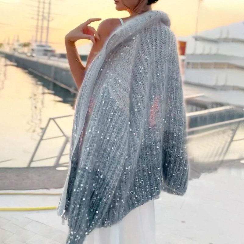 Modny damski sweter z zamkiem błyskawicznym z cekinami