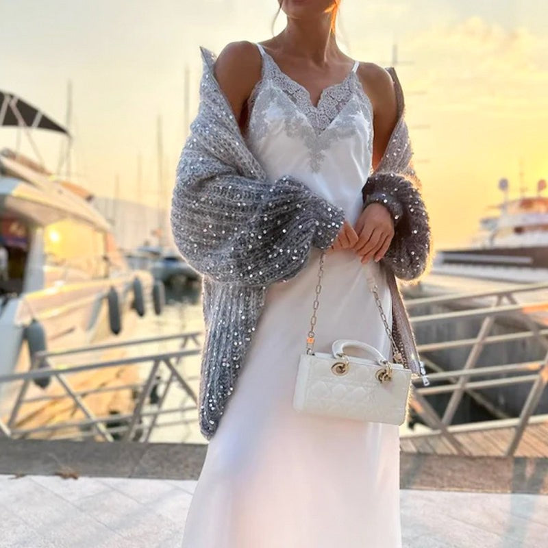 Modny damski sweter z zamkiem błyskawicznym z cekinami