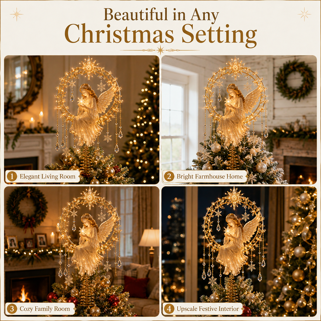 Angel's Christmas Moon in different home settings