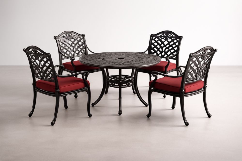 Set da pranzo da giardino in alluminio nero con tavolo rotondo Ø120 cm e 4 sedie con cuscini rossi-Homeviralo