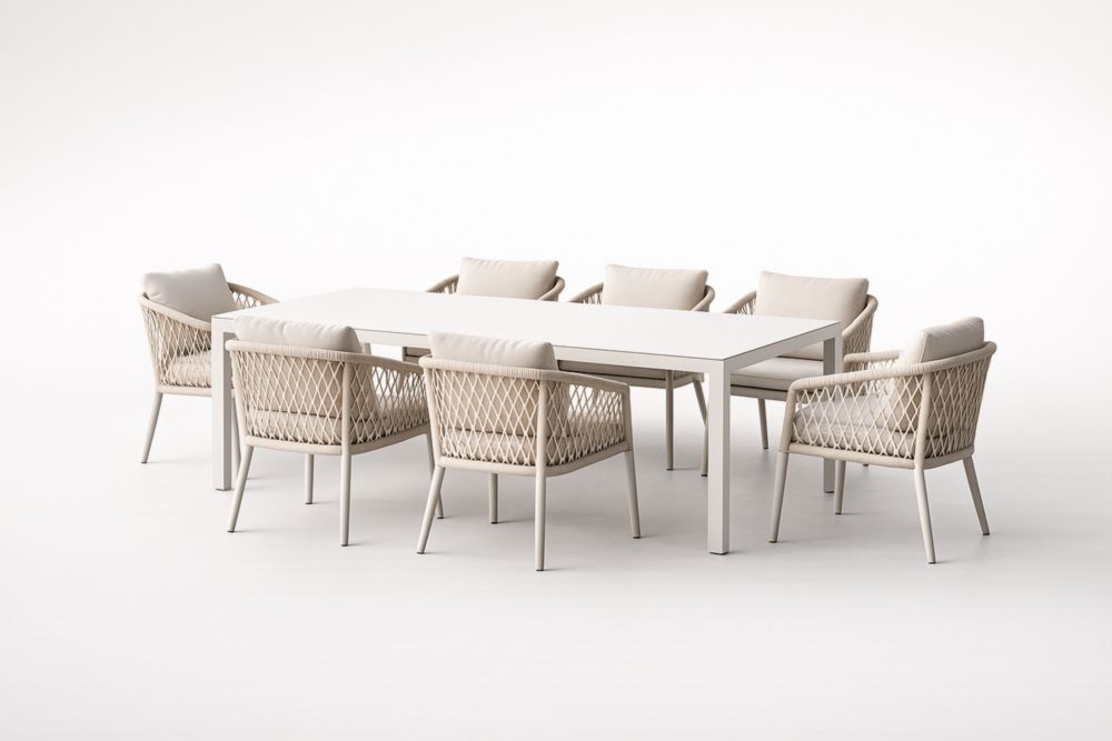Set da Pranzo Esterno Tavolo Rettangolare Alluminio Bianco con Sedie Intrecciate Poliestere Beige-Homeviralo