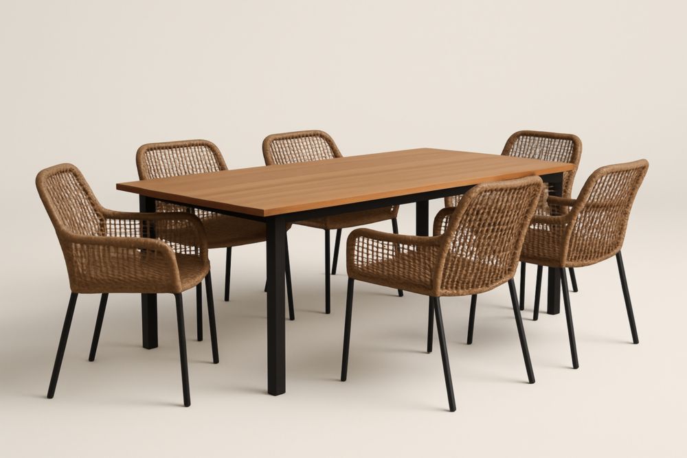 Set da pranzo 7 pezzi con tavolo in legno massello e sedie in rattan-Homeviralo