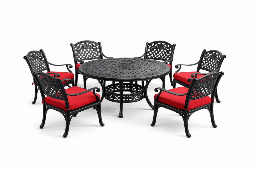 Set da pranzo da giardino in alluminio nero con tavolo rotondo e 6 sedie con cuscini rossi-Homeviralo