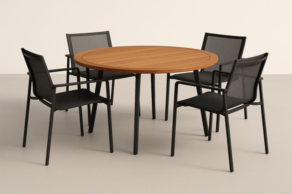 Set da pranzo da giardino con tavolo rotondo in legno e 4 sedie in alluminio con tessuto sintetico-Homeviralo