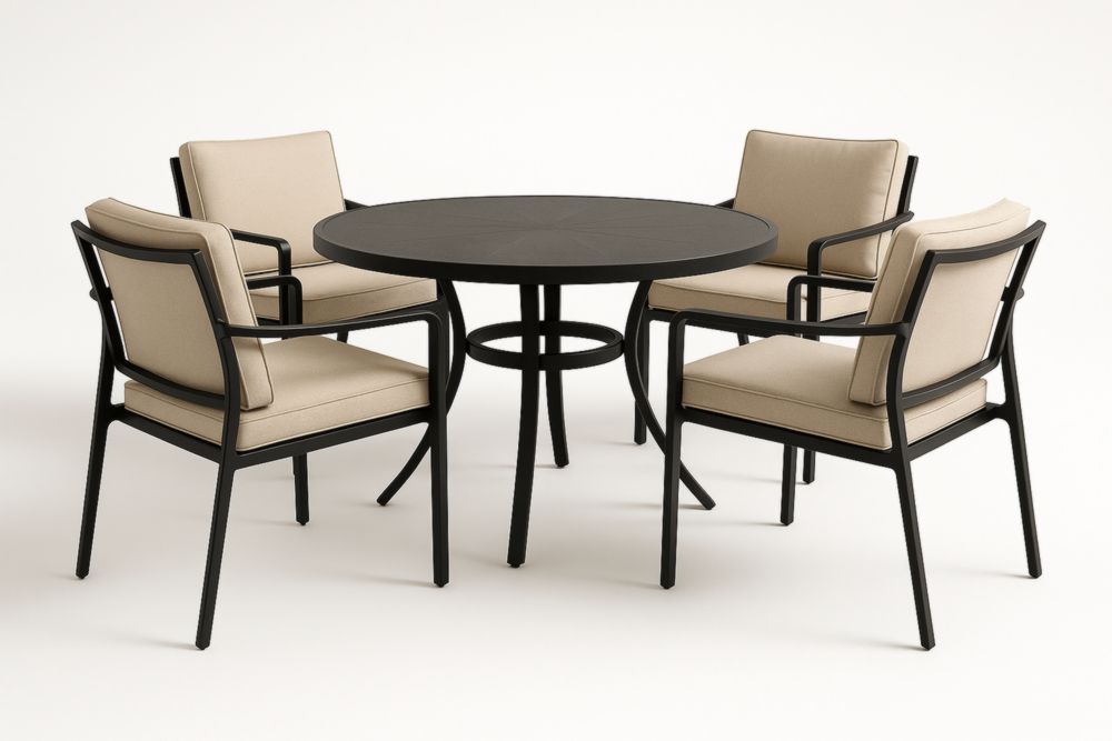 Set da Pranzo da Esterno in Alluminio Nero e Poliestere Beige, Tavolo Rotondo Ø100 cm con 4 Sedie-Homeviralo