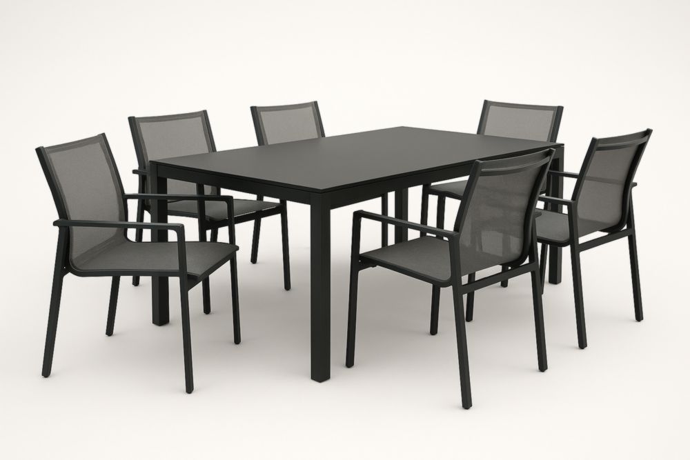 Set da pranzo da giardino in alluminio nero con tavolo e sedie in tessuto Textilene mesh-Homeviralo