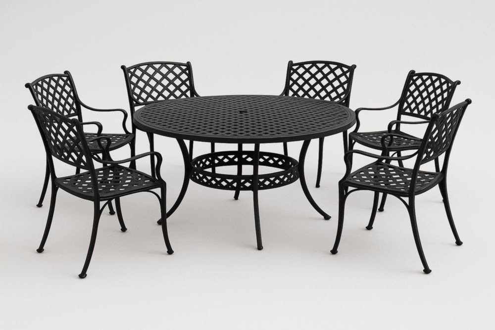 Set da pranzo da giardino in alluminio nero con tavolo rotondo e 6 sedie-Homeviralo