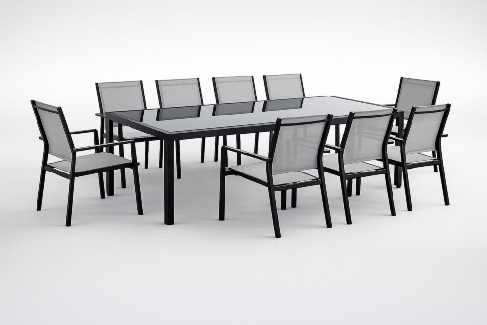 Set Tavolo con 9 Sedie in Alluminio e Vetro Temperato Nero-Homeviralo